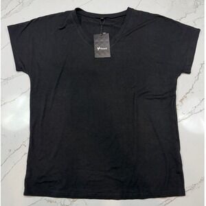 Ficerd Womens Black V Neck Short Sleeve Basic Everyday T Shirt Top Size L